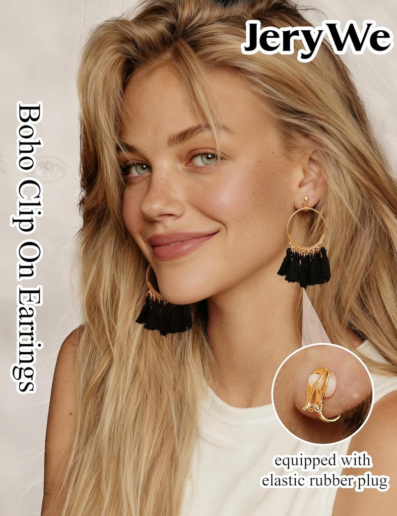 JeryWe 9 Pairs Clip on Earrings for Women Fashion Rattan Acrylic Tassel Drop Dangle Earrings Set Lightweight Geometric Statement Bohemian Clip Earrings for Non Piercied - Image 4